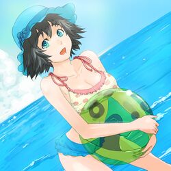  ball black_hair breasts hat masato_(pixiv) ocean shiina_mayuri short_hair solo steins;gate swimsuit 