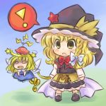  2girls blonde_hair bow braid chibi fairy hair_bow hat kirisame_marisa multiple_girls open_mouth pote_(ptkan) ptkan star touhou ufo undefined_fantastic_object wings witch_hat yellow_eyes 