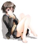  1girl amagami bag barefoot brown_eyes brown_hair bun150 eating feet food nikuman no_panties panties paper_bag school_uniform short_hair skirt solo tachibana_miya toes underwear 