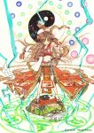  adapted_costume amano_miyabi armpits bow brown_eyes brown_hair colorful danmaku detached_sleeves embellished_costume genjii graphite_(medium) hair_bow hair_ornament hakurei_reimu highres long_hair magic_circle midriff navel ofuda orange_eyes smile tabi touhou touhou_(pc-98) traditional_media turtle watercolor_(medium) yin_yang 