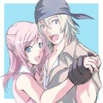  1girl :d bad_id bandana blonde_hair blue_eyes couple final_fantasy final_fantasy_xiii gloves holding_hands lowres microspace open_mouth pink_hair serah_farron smile snow_villiers 