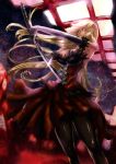  bare_shoulders blonde_hair breasts cleavage dress elbow_gloves from_below gloves hair_ribbon highres kissshot_acerolaorion_heartunderblade large_breasts long_hair monogatari_(series) pantyhose ribbon solo sword under-siege weapon yellow_eyes 