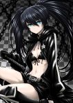  bikini_top black_hair black_rock_shooter black_rock_shooter_(character) blue_eyes boots chain checkered isse midriff navel scar shorts solo sword twintails weapon 