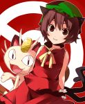  1girl animal_ears blue_vert brown_eyes brown_hair cat_ears cat_tail chen crossover hat meowth multiple_tails pokemon pokemon_(creature) short_hair tail touhou 