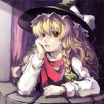  arm_support blonde_hair braid brown_eyes chin_rest face hat kirisame_marisa lips long_sleeves messy_hair no_lineart sankusa scarf side_braid solo touhou wavy_hair witch_hat 