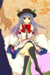  blue_hair crossed_legs food fruit hat hinanawi_tenshi long_hair panties pantyshot peach red_eyes sitting socks solo touhou underwear 