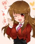  breasts brown_hair butterfly fang large_breasts long_hair lowres mammon necktie red_eyes solo stakes_of_purgatory tanada translation_request umineko_no_naku_koro_ni wink 