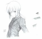  1girl artist_name dated fate/zero fate_(series) formal graphite_(medium) long_hair monochrome necktie ponytail saber scan smile solo suit traditional_media tusia 