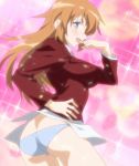  blue_eyes blush breasts brown_hair cap charlotte_e_yeager heart long_hair orange_hair panties screencap solo stitched strike_witches underwear 