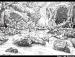  cirno etogami_kazuya highres monochrome nature rock stream touhou wallpaper water waterfall wings 