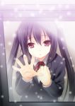  k-on! nakano_azusa purple_eyes red_eyes school_uniform snow solo twintails violet_eyes window yukizuki_chikuba 