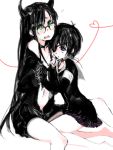  barefoot bikini_top black_devil_girl black_matagi black_rock_shooter blush eyepatch glasses green_eyes heart horns multiple_girls nervous oekaki tears tegaki tribute 