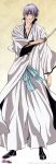  absurdres bleach closed_eyes grin highres ichimaru_gin male shinigami silver_hair smile sword weapon 