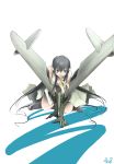  all_fours black_hair green_eyes jet junkers_ef.128 long_hair mecha_musume military nano original sitting solo world_war_ii wwii 