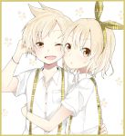  ayase08 brother_and_sister hair_ribbon kagamine_len kagamine_rin pun2 ribbon short_hair siblings smile twins vocaloid wink yellow_eyes 