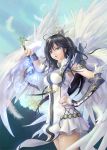  angel_wings black_hair blue_eyes bracelet eat elbow_gloves feathers fingerless_gloves gloves hair_ornament hand_on_hip jewelry long_hair magic multiple_wings single_glove solo wand wings 