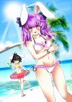 alternate_hairstyle animal_ears beach bikini black_hair blush breasts bunny_ears closed_eyes frilled_bikini frills inaba_tewi innertube multiple_girls ninamo purple_hair rabbit_ears red_eyes reisen_udongein_inaba short_hair side-tie_bikini sun sunbeam sunlight swimsuit touhou twintails water water_gun