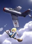  airbrake airplane blonde_hair broom broom_riding cloud commentary dress hair_over_one_eye inui_(pixiv) jet mig-15 military oldschool open_mouth original pantyhose short_hair soviet surprised witch 