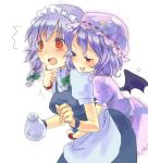  :3 bat_wings blue_hair blush bow braid chin_grab hat hug hug_from_behind izayoi_sakuya legge maid maid_headdress multiple_girls red_eyes remilia_scarlet short_hair silver_hair smile surprised teapot touhou twin_braids wings you_gonna_get_raped 