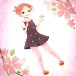  1girl blue_eyes cherry_blossoms dress dress_shirt floral_print inazuma11a inazuma_eleven_(series) inazuma_eleven_go inazuma_eleven_go_galaxy nozaki_sakura open_mouth pantyhose petals pink_hair pink_legwear school_uniform shirt short_hair short_sleeves smile 