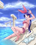  armpits ass barefoot bikini blue_eyes blue_hair bracelet cat feet jewelry long_hair looking_back original pillar ponytail ruins side-tie_bikini solo submerged swimsuit water 