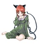  barefoot braid cat_ears cat_tail dress face fang hands highres kaenbyou_rin licking multiple_tails pochi-maru red_eyes red_hair redhead sitting solo tail touhou twin_braids yokozuwari 