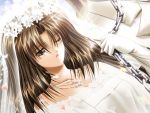  bdsm bondage bridal_veil bride brown_eyes brown_hair chain couple dress dutch_angle femdom flower gloves groom jewelry leash long_hair necklace open_mouth petals pwned smile takaaki veil virgin_bride wedding_dress when_you_see_it white_gloves wink 