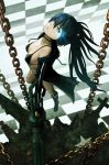  bikini_top black_hair black_rock_shooter black_rock_shooter_(character) boots chain checkered checkered_background coat kotaro_(kotaillust) long_hair scar solo twintails weapon 