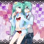  aqua_eyes aqua_hair bad_id bespectacled bra dual_persona food fruit genderswap glasses hatsune_miku hatsune_mikuo lingerie long_hair panties smile strawberry twintails underwear very_long_hair vocaloid wink 