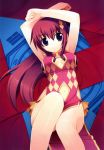 absurdres arms_up breasts china_dress chinese_clothes daita_shouko earrings hidamari_basket highres jewelry kiba_satoshi long_hair navel on_back red_hair redhead solo 
