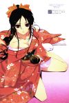  black_hair breasts cleavage cup highres japanese_clothes kimono murakami_suigun nail_polish red_eyes sake sitting solo 