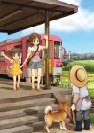  absurdres brown_hair child dog eijima_moko highres holding_hands legs multiple_girls original shiba_inu train train_station twintails waving 