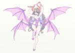  1girl armpits breasts cleavage commentary_request dungeon_maker full_body grey_hair hair_over_one_eye highres horns long_hair looking_at_viewer nagisa_kurousagi purple_footwear purple_wings solo white_background wings 