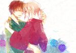  alternate_hairstyle axis_powers_hetalia brown_hair closed_eyes flower france_(hetalia) highres hug hydrangea japanese_clothes kimono male multiple_boys ponytail sono spain_(hetalia) tears yaoi yukata 