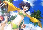  ball bikini black_hair blue_eyes brown_hair cloud clouds grey_hair hirokiku navel open_mouth original outstretched_arms palm_tree spread_arms swimsuit tree 