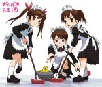  apron brown_eyes brown_hair curling fang hair_up maid maid_headdress meow_(nekodenki) multiple_girls ponytail twintails 