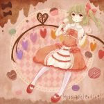  1girl alternate_costume blonde_hair cookie cupcake dress flandre_scarlet food heart inazuma11a no_hat no_headwear pantyhose pink_background red_eyes ribbon short_hair side_ponytail solo touhou valentine white_legwear wings 