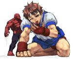  brown_hair capcom cozy fingerless_gloves gloves hakan kasugano_sakura kneeling muscle school_uniform serafuku street_fighter wink 