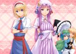  4girls :o alice_margatroid apron backpack bag blonde_hair blue_eyes blue_hair border bow braid breast_rest breasts capelet checkered checkered_background chiro crescent crossed_arms dress frown hair_bobbles hair_bow hair_ornament hair_pull hat hat_removed hat_ribbon headband headwear_removed hug kawashiro_nitori kirisame_marisa long_hair looking_at_viewer mob_cap multiple_girls open_mouth patchouli_knowledge payot pink_background purple_hair ribbon robe sash short_hair single_braid touhou twintails vest violet_eyes waist_apron wink witch_hat wrist_cuffs yellow_eyes 