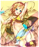  blonde_hair boots breasts cable cd collar entangled highres lily_(vocaloid) long_hair microphone microphone_stand midriff miniskirt navel nironiro skirt smile solo thigh-highs thigh_boots thighhighs underboob very_long_hair vocaloid zettai_ryouiki 