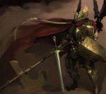  armor asipili axe bird cape crow full_armor glowing glowing_eyes halberd helmet highres knight original polearm shield solo sword weapon 