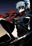  black_hair cape highres mask original scarf school_uniform serafuku solo suehiro sword thigh-highs thighhighs weapon 