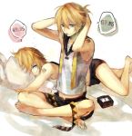  bad_id blonde_hair brother_and_sister kagamine_len kagamine_rin lying mg_(3458) mouth_hold pillow short_hair siblings sleepy twins vocaloid 