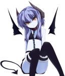  bikini_top blue_hair blue_skin chain collar demon_girl demon_tail detached_wings flat_chest garters grune head_tilt horns orange_eyes original shorts sitting solo tail thigh-highs thighhighs wings 