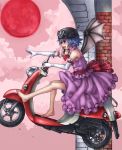  bat_wings blue_hair elbow_gloves feet full_moon gloves goggles goggles_on_head helmet highres moon motor_vehicle red_eyes red_moon remilia_scarlet scooter short_hair solo touhou vehicle wings yossyzero 