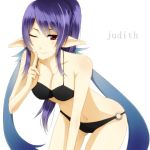  bikini black_bikini blue_hair breasts character_name english judith long_hair lowres midriff navel o-ring_bottom ouhina pointy_ears purple_hair red_eyes smile solo swimsuit tales_of_(series) tales_of_vesperia text white_background wink 