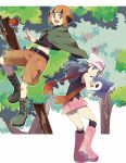  2girls boots hat headband hikari_(pokemon) mizuki_(31ten) multiple_girls natane_(pokemon) piplup poke_ball pokemon pokemon_(creature) pokemon_(game) pokemon_dppt scarf tree 