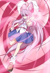  bunny_ears card foreshortening highres holding holding_card kuga_(rinkane) lavender_hair long_hair necktie pointing rabbit_ears red_eyes reisen_udongein_inaba solo spell_card touhou very_long_hair 