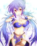  blue_hair breasts gloves judith long_hair midriff navel pointy_ears red_eyes runako smile solo tales_of_(series) tales_of_vesperia white_background 
