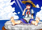  blue_hair eating feet food foreshortening fruit hat hinanawi_tenshi holding holding_fruit kagelantern keystone long_hair peach red_eyes shimenawa soles solo toes touhou 